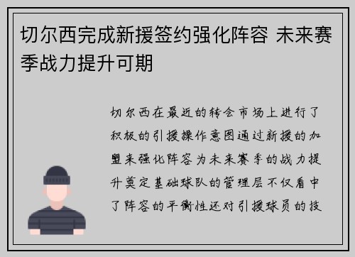 切尔西完成新援签约强化阵容 未来赛季战力提升可期